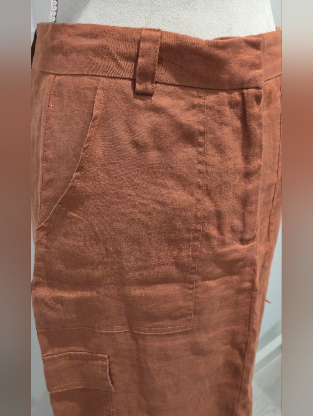 Magaschoni 100% Linen Cargo Midi Skirt Size 6 Rust Brown Utility Maxi Skirt - Picture 4 of 13